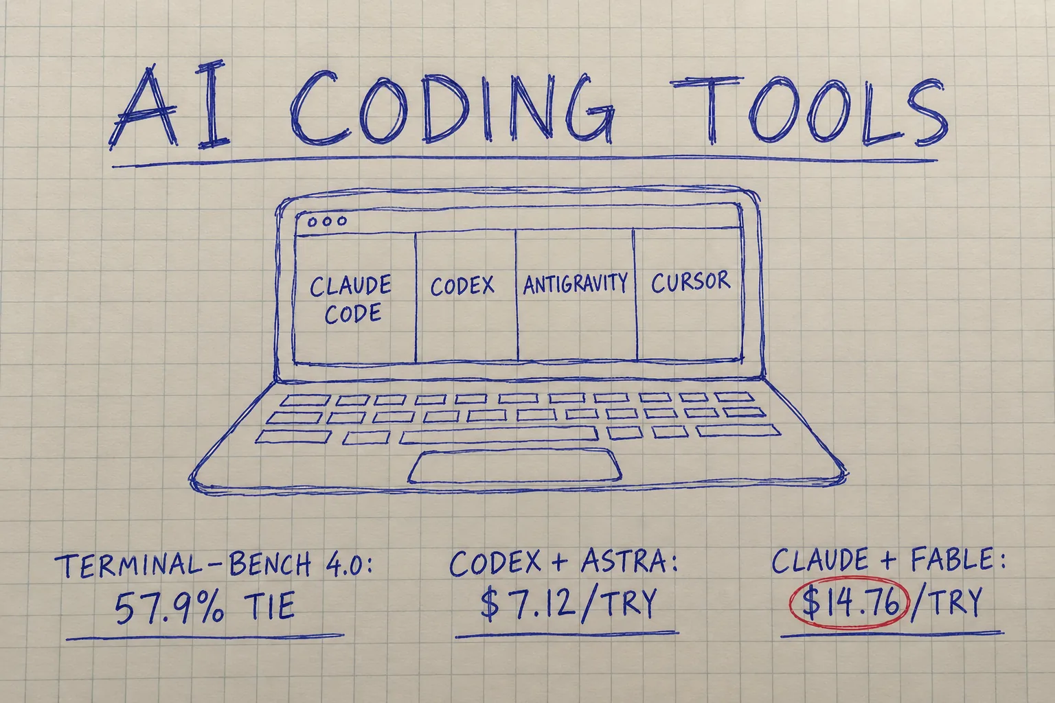 Notebook sketch of AI coding agents: Codex and Claude Code tied at 57.9%, $7.12 vs $14.76 per attempt, plan prices