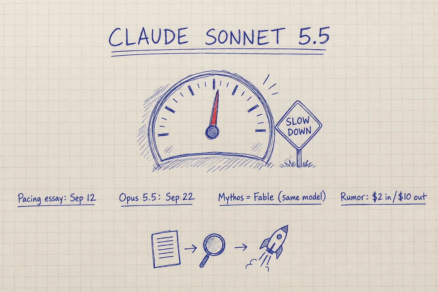 Claude Sonnet 5.5, 속도 조절 에세이, Mythos와 Fable이 같은 모델이라는 점, 루머 가격 $2 / $10을 적은 노트 스케치