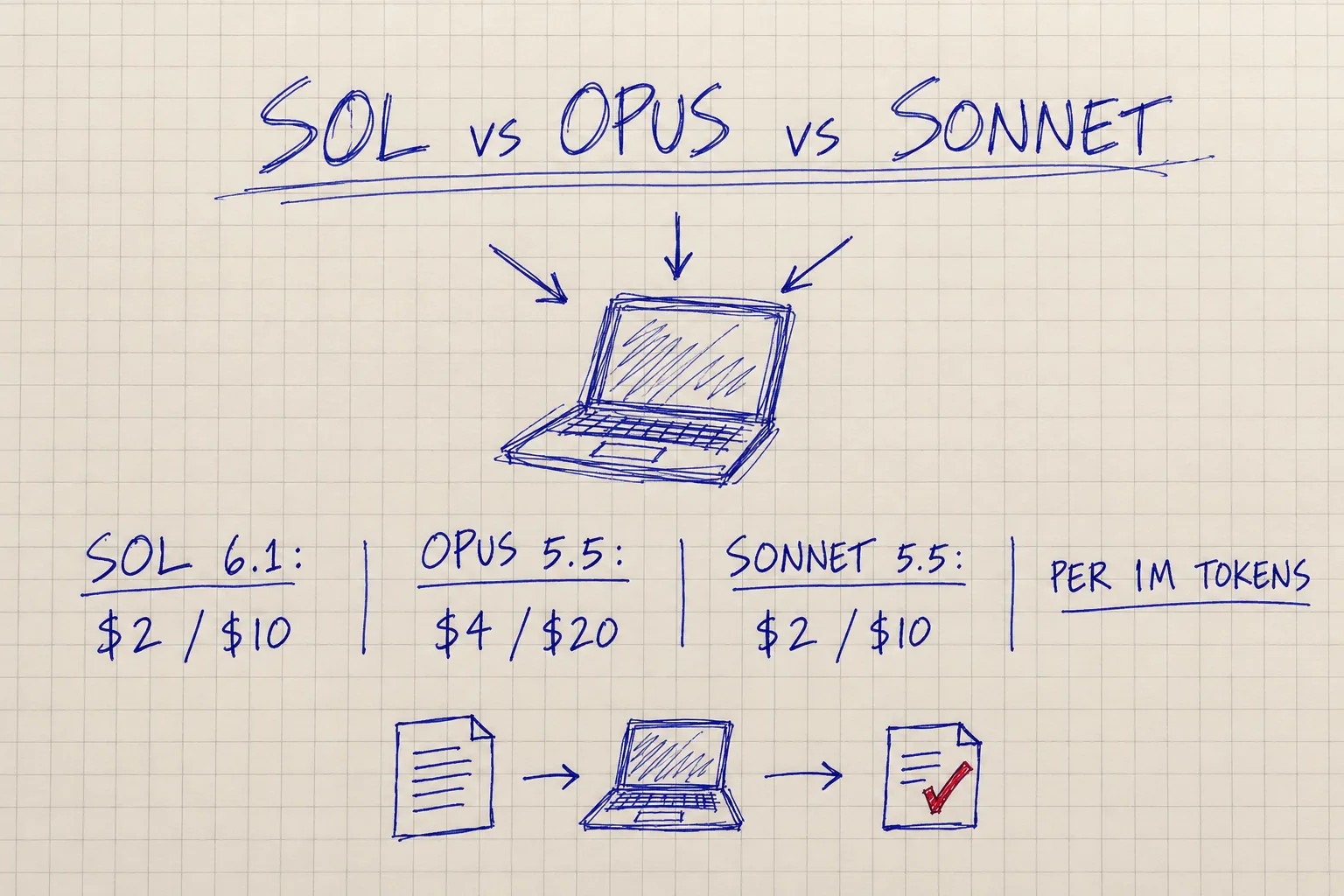 GPT-6.1 Sol, Opus 5.5, Sonnet 5.5의 토큰 요금을 비교한 노트 스케치