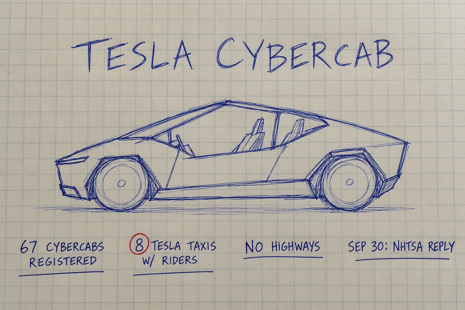 등록 67대, 승객 태운 차 8대, NHTSA 9월 30일 기한을 적은 Tesla Cybercab 노트 스케치