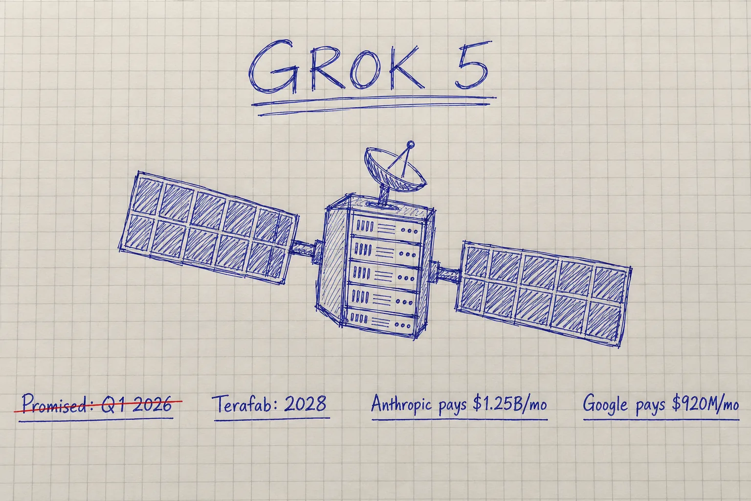 Notebook sketch of Grok 5 with callouts on its missed Q1 promise, Terafab's 2028 target and Colossus rent paid by Anthropic and Google