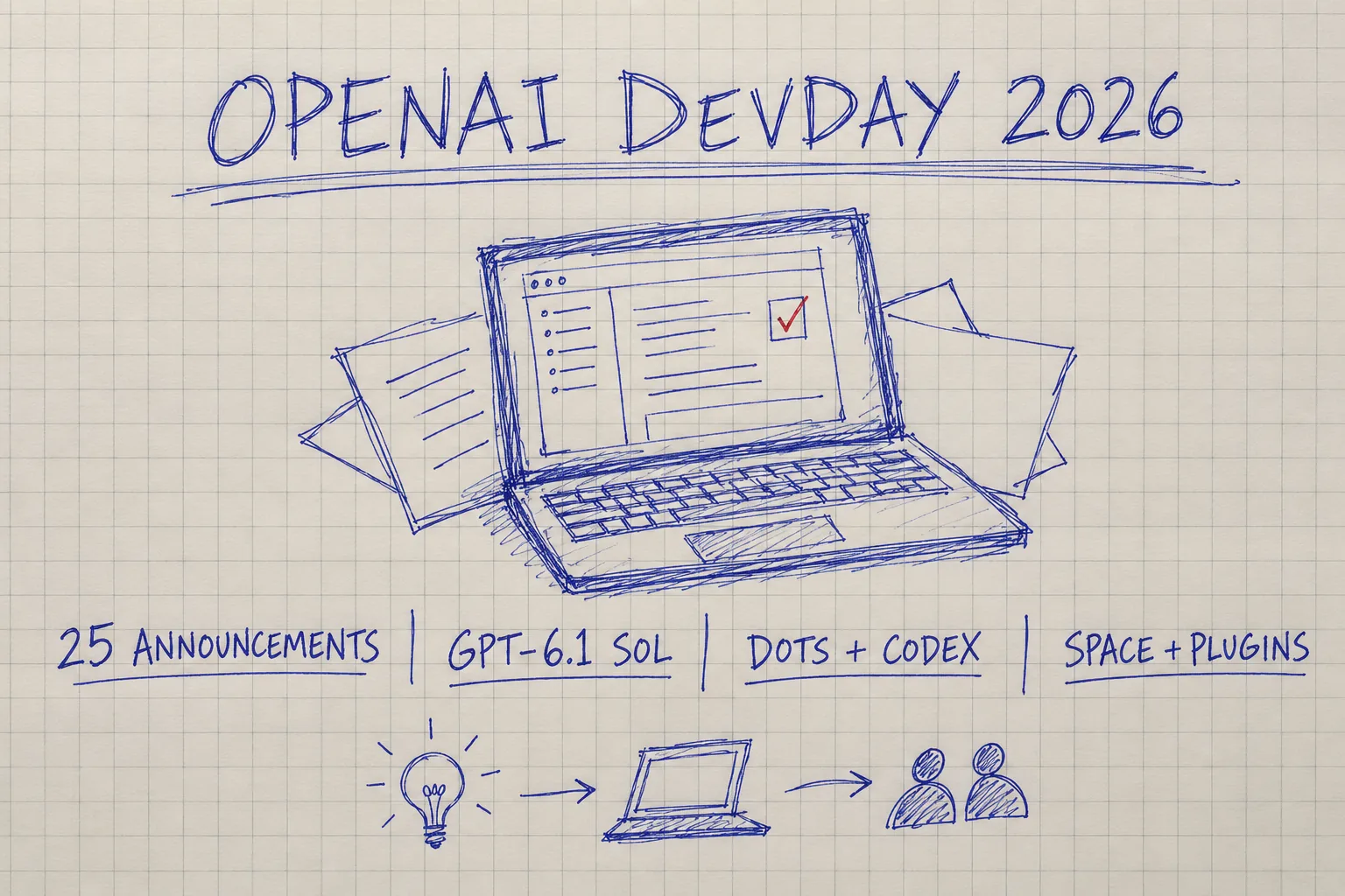 OpenAI DevDay 2026의 발표 25개와 Sol·Dots·Codex·Space·플러그인을 그린 노트 스케치